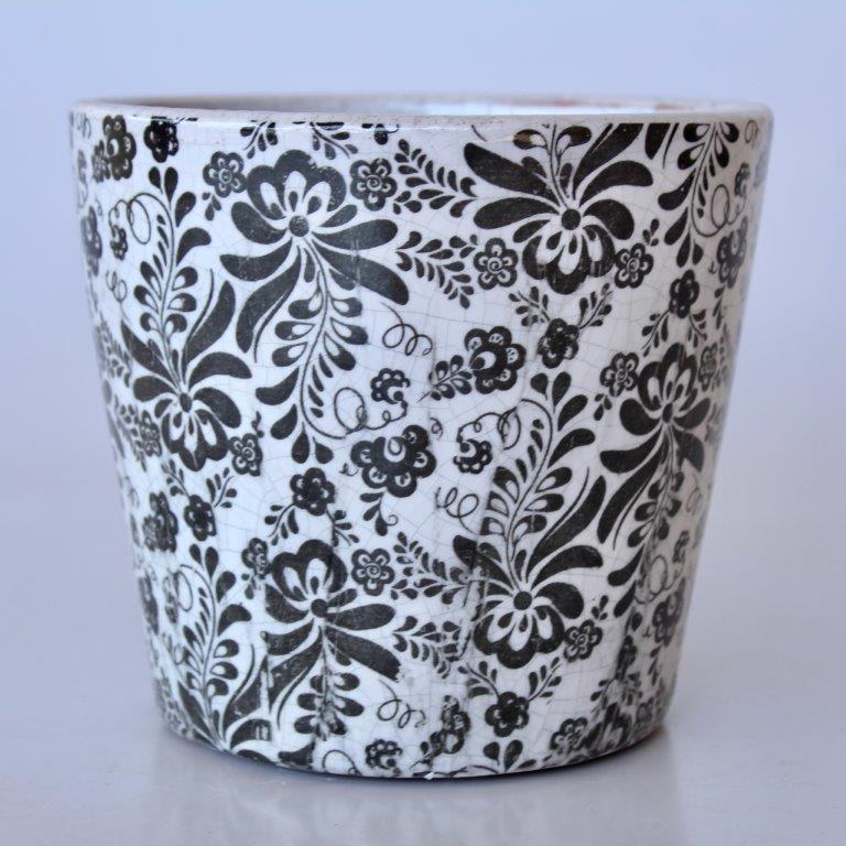 BLACK ROUND FLORAL PLANTER  14X16CM